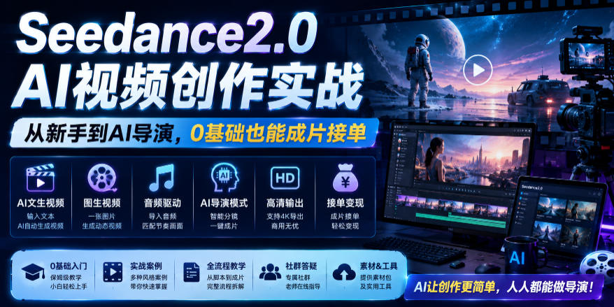 Seedance2.0 AI视频创作实战，从新手到AI导演，0基础也能成片接单变现-软件百科