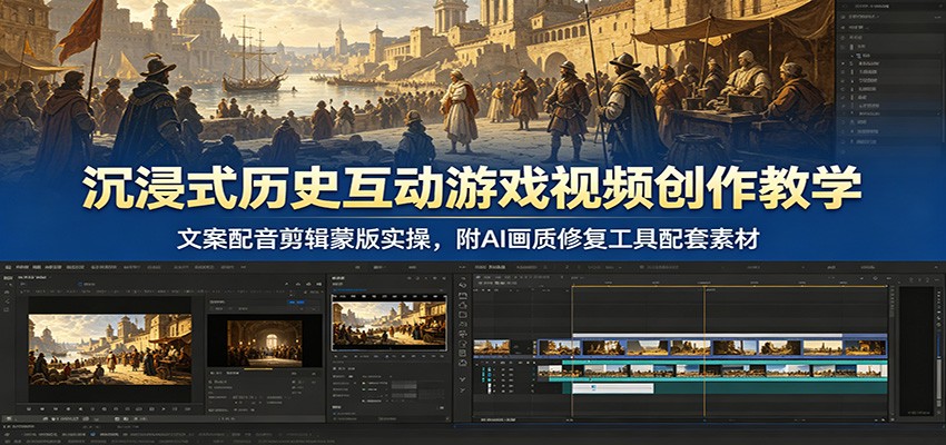 沉浸式历史互动游戏视频创作教学：文案配音剪辑蒙版实操，附AI画质修复工具配套素材-软件百科