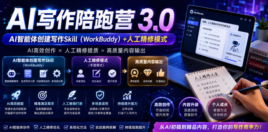 AI写作陪跑营3.0，Ai智能体创建写作skill（workbuddy）+人工手写模式（手搓模式），去除AI痕迹（头条号、公众号、百家号）-软件百科